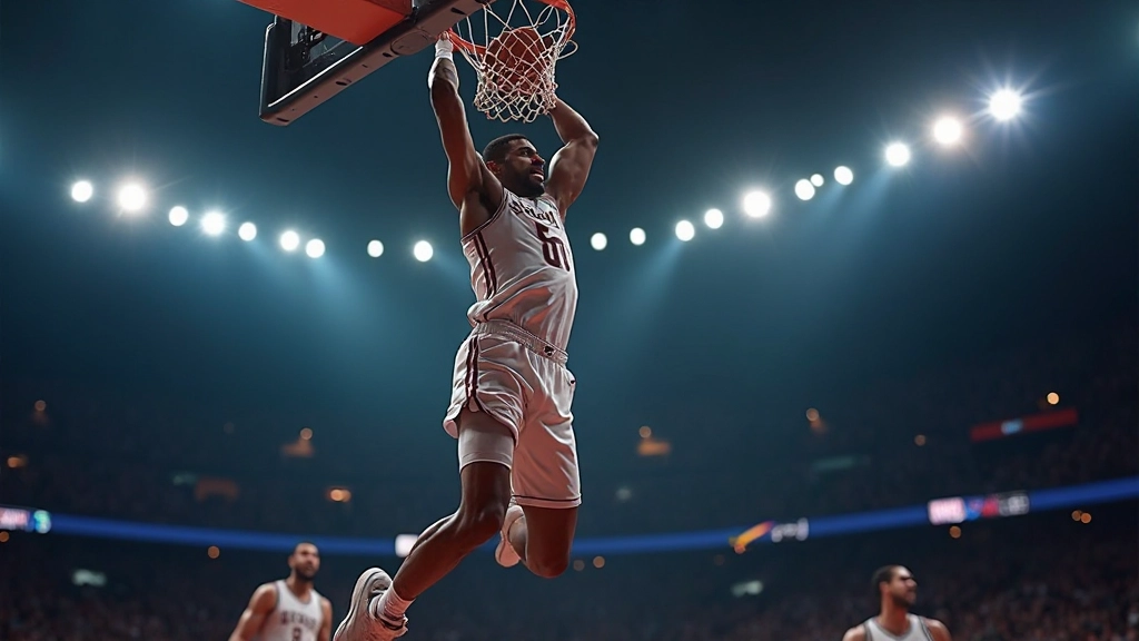 ملعب NBA مع لاعبين محترفين يقفزان للكرة، إضاءة احترافية وحشود متفرجين