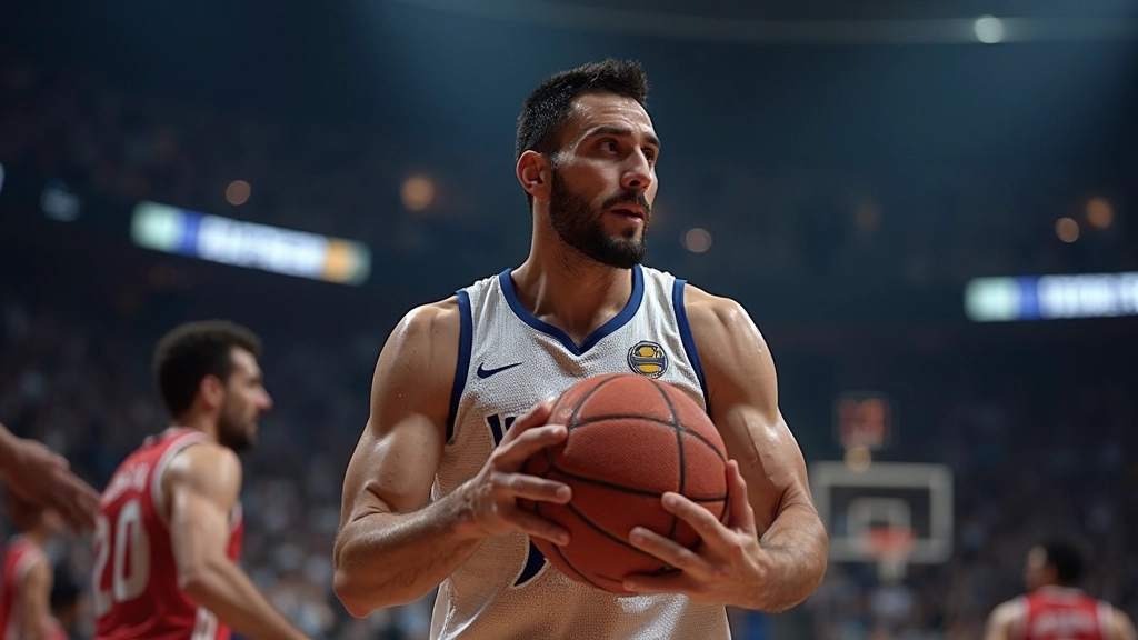 لاعب كرة سلة أوروبي يمرر الكرة في مباراة EuroLeague مع لاعبين آخرين