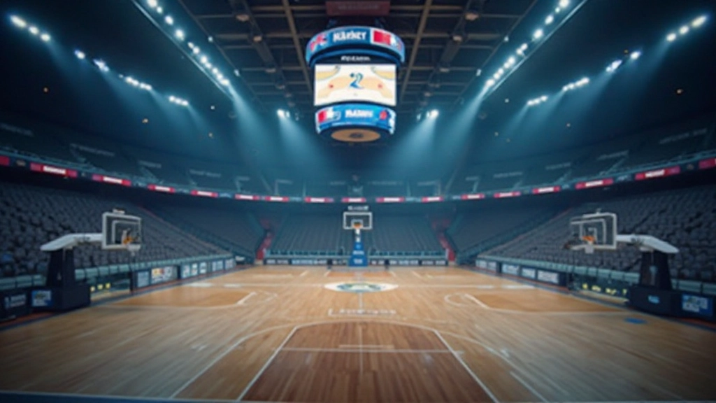 ملعب كرة السلة الدولي مع الأضواء والحشود من المتفرجين